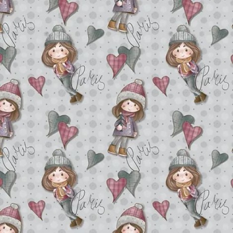 TECIDO TRICOLINE 100% ALGODAO DIGITAL MENINAS EM PARIS FUNDO AZUL - 0,5X1,50MT